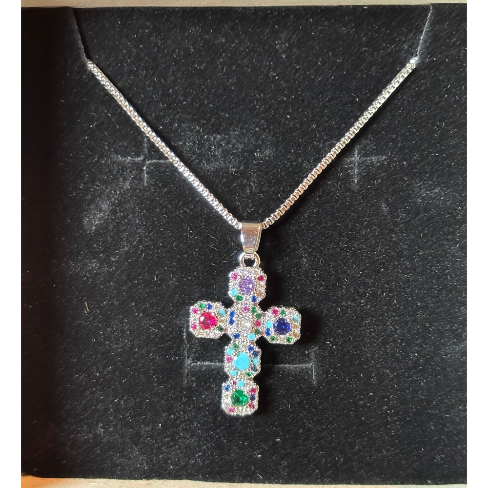 Multi Color Gemstone Cross Pendant Necklace Sterling Silver Box Chain Adjustable
